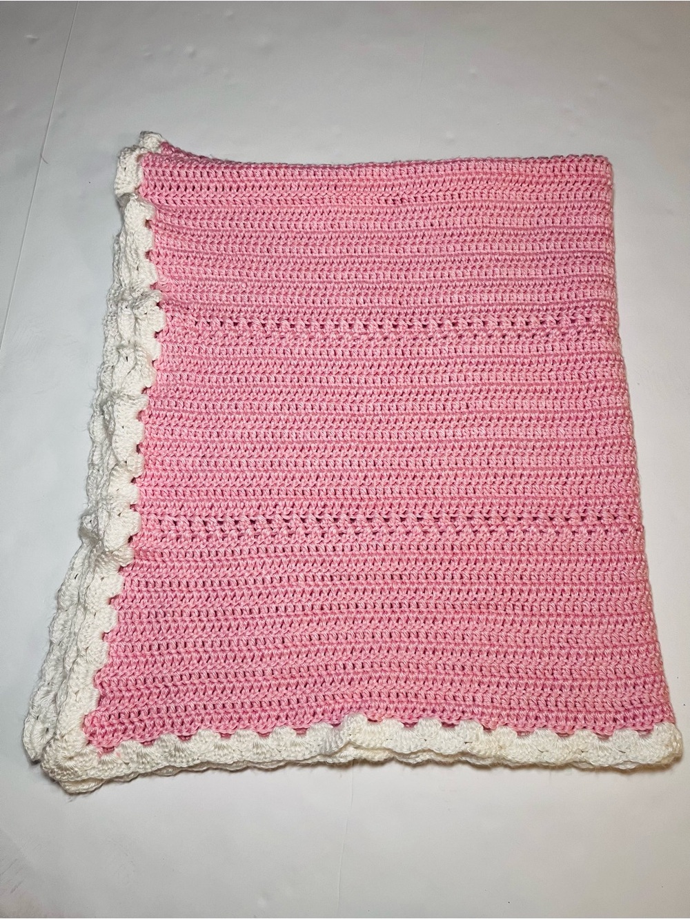 Handmade Crochet‎ Baby Blanket – Soft Pink Afghan with White Scalloped Border